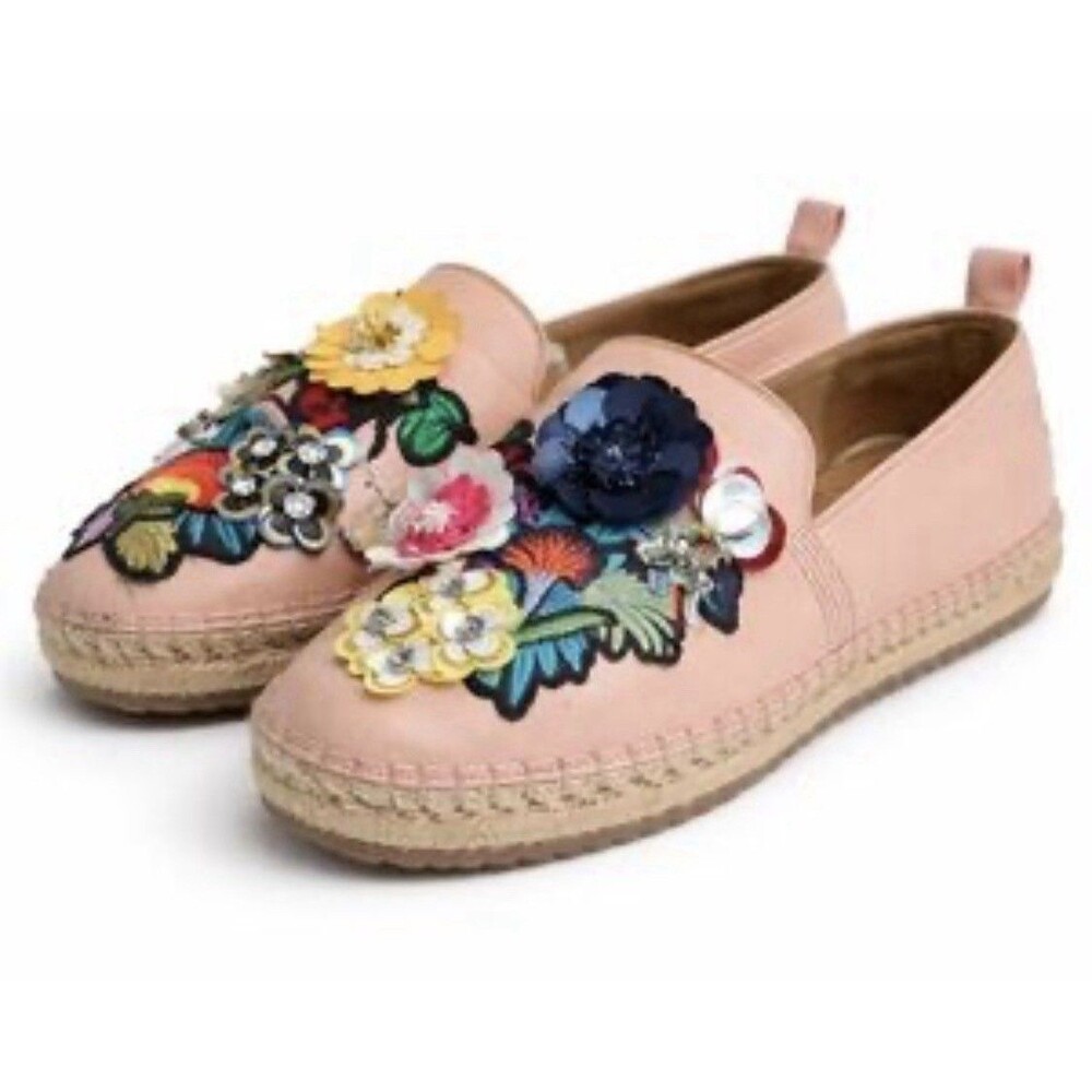 EUC Bill Blass Pink Leather 3D Floral Embellished Espadrille Flats Womens 7.5